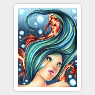 Koi Fish Underwater Ocean Girl Scene Sticker